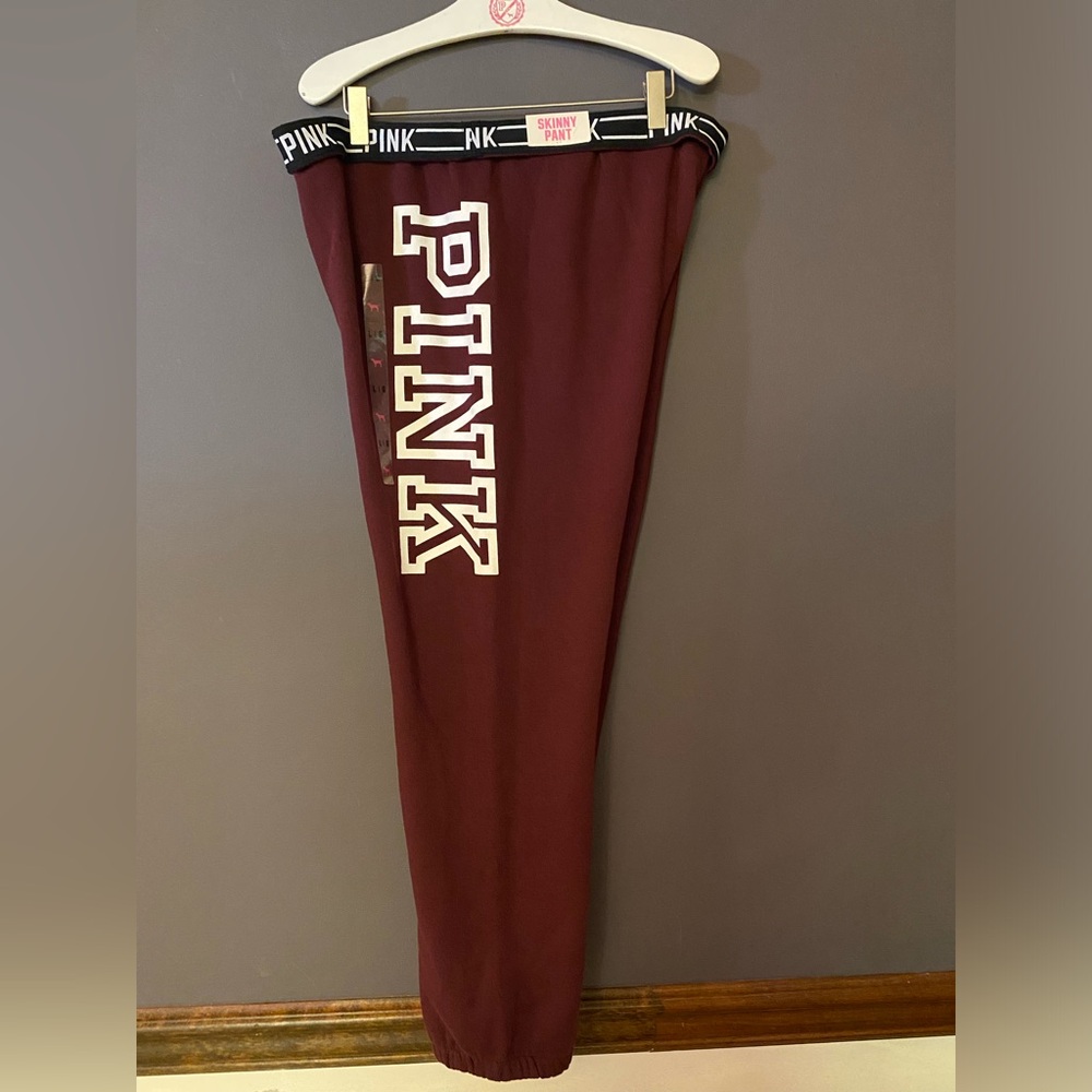 VS PINK VINTAGE FOLDOVER SKINNY PANT JOGGERS SWEATPANTS MAROON LOGO HTF NWT LG